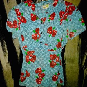 Porridge brand blue plaid cap sleeve blouse